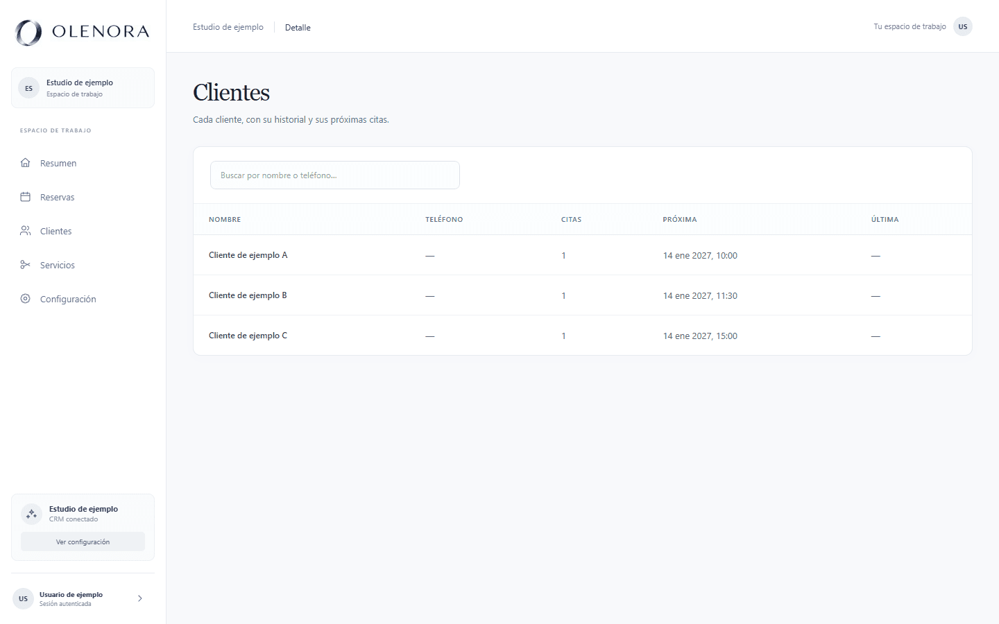 CRM OLENORA: listado de clientes y sus citas. Datos de ejemplo.