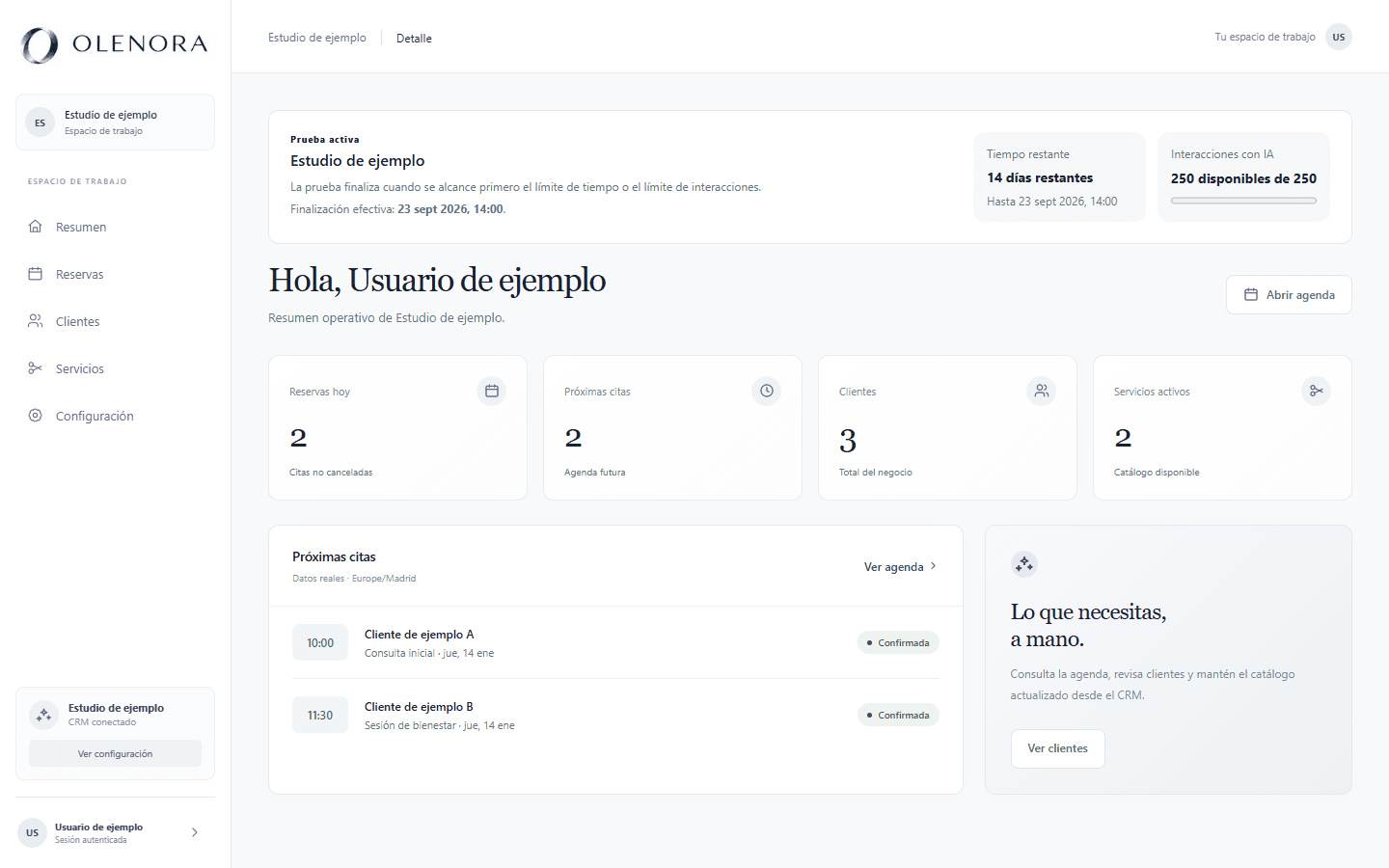 CRM OLENORA: resumen, próximas citas y accesos rápidos. Datos de ejemplo.